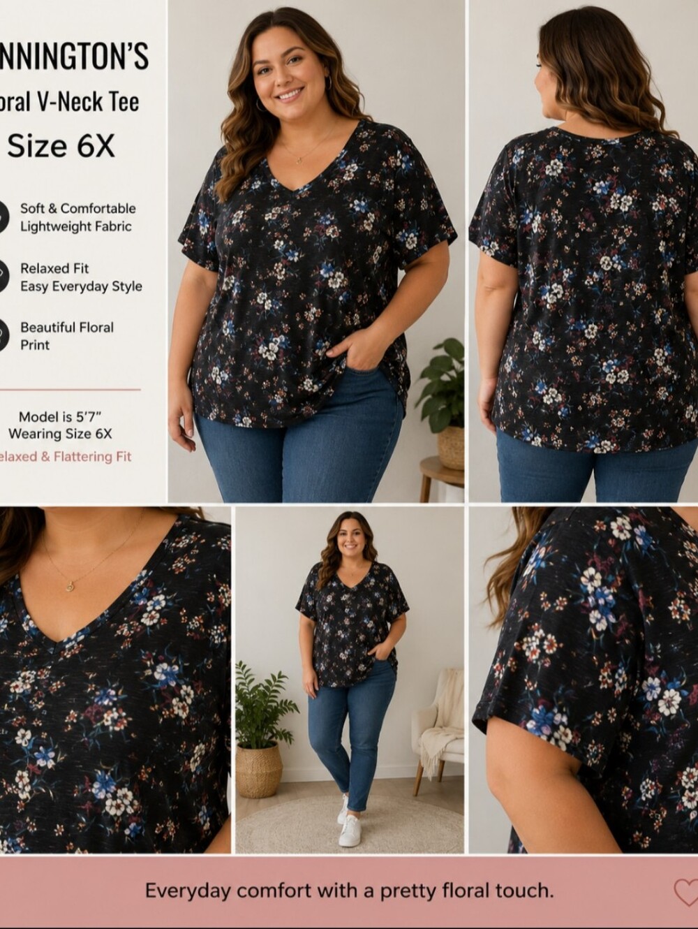 NWT Penningtons Black Floral Scoop Neck Tunic Plus Size 6X